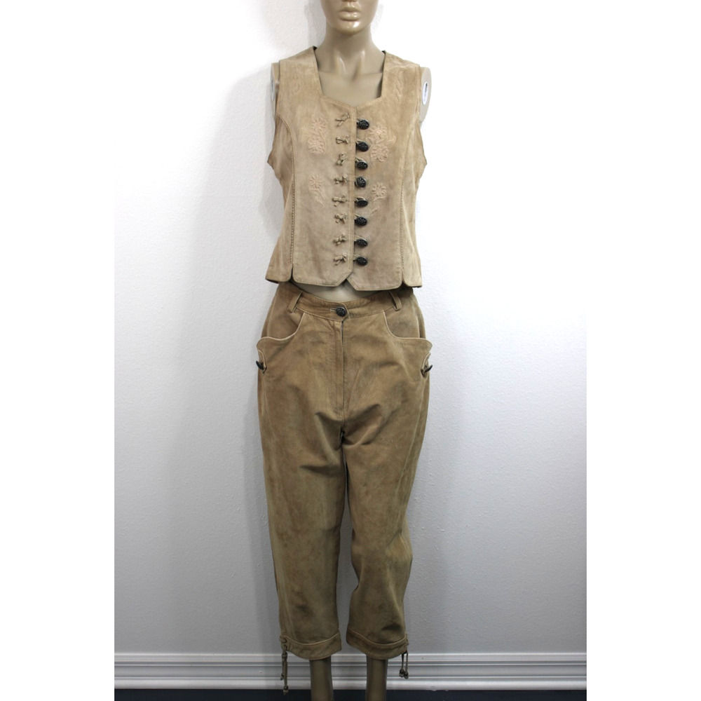 Vintage LANDHAUS & C&A Oktoberfest Suede Leather Pants & Vest Set Size UK 12/14